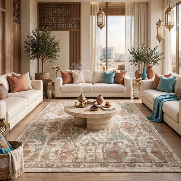 سجاد اريا بوهيمي تركي 0232A كريم بيج مقاس 150*220 سم سجادة مجالس مودرن