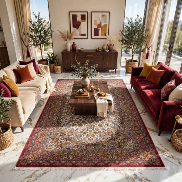 KERMAN Turkish Rug HW45A Sky red cream Size 100*200