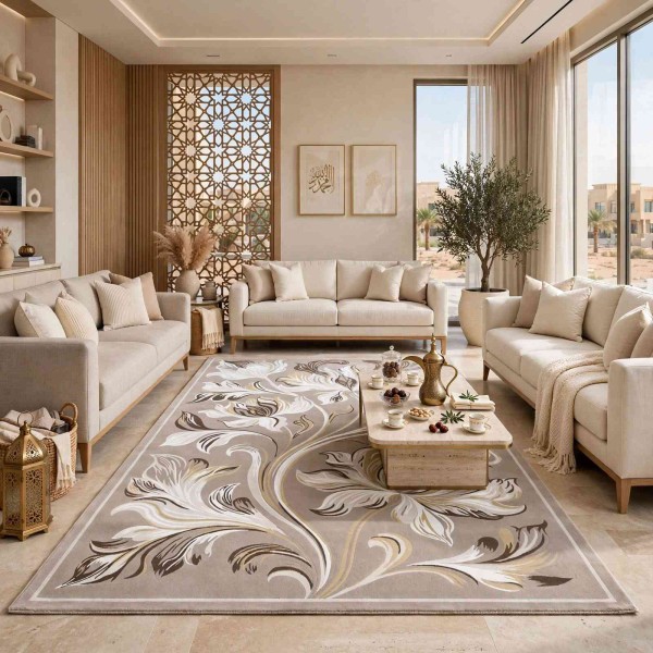 سجاد نقش كويتي تصميم كوري لورين تركي A404A بيج كريم - مقاس 100*200 سم سجادة مدخل