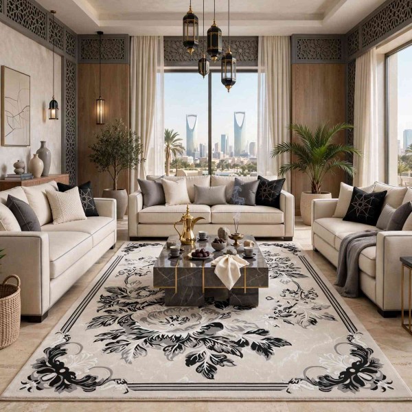 سجاد نقش كويتي تصميم كوري لورين تركي A406A رصاصي كريم - مقاس 80*150 سم سجادة صغيرة
