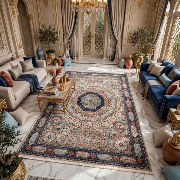 سجاد فيرونا بوهيمي تركي KO61A كريم سماوي غامق مقاس 100*300