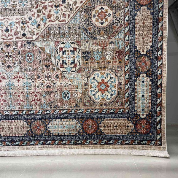 سجاد فيرونا بوهيمي تركي KO61A كريم سماوي غامق مقاس 100*300