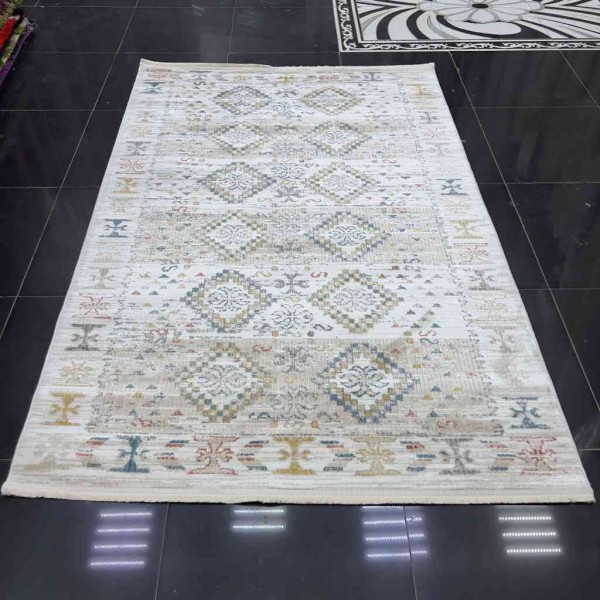 سجاد بوهيمي تركي فينتج B0024C لون ابيض بيج مقاس 250*350