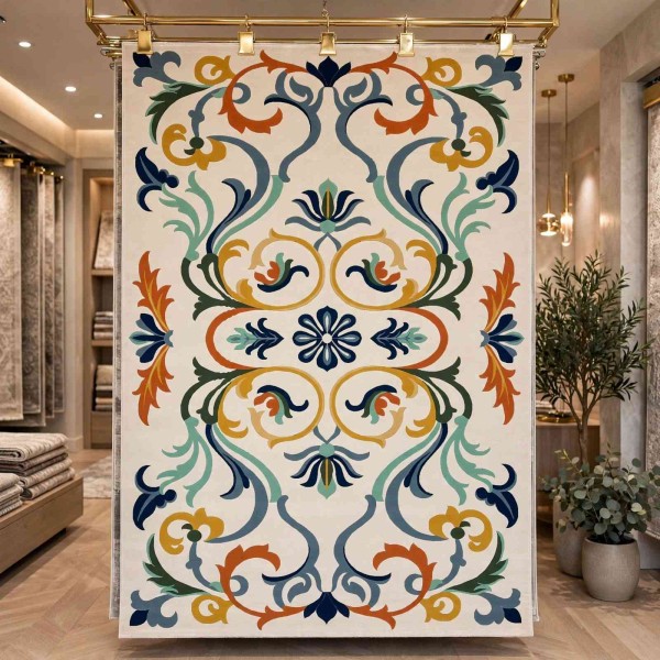 سجاد تركي فاخر بوسان HU08A تصميم كوري كريم كحلي مقاس 300*400 سم