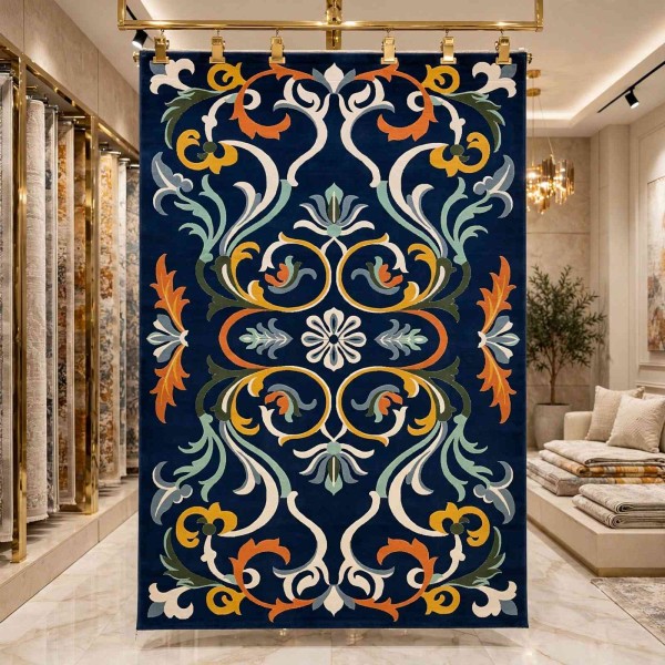 سجاد تركي فاخر بوسان HU08A تصميم كوري كحلي كريم مقاس 150*220 سم