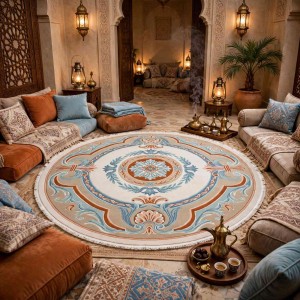 Hilton 43759A Turkish rug cream aqua round size 150x150 cm