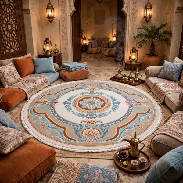Hilton 43759A Turkish rug cream aqua round size 150x150 cm