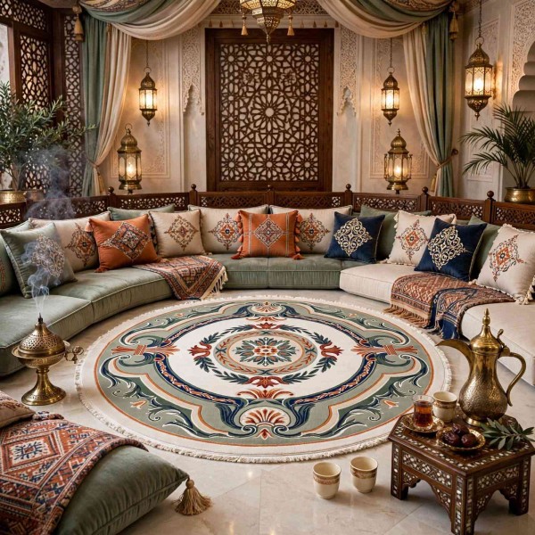 سجاد تركي هيلتون 43759A كريم اخضر دائري مقاس 150*150 سم