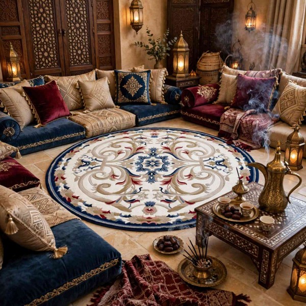 سجاد تركي مولر HN75B ابيض كحلي دائري مقاس 150*150 سم