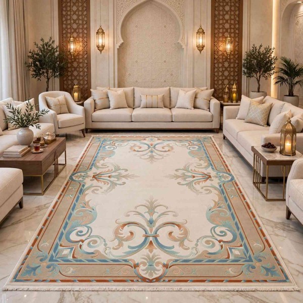 RAMADA Turkish Rug Korean 43631A CREAM AQUA - 100x200 cm Area Rug