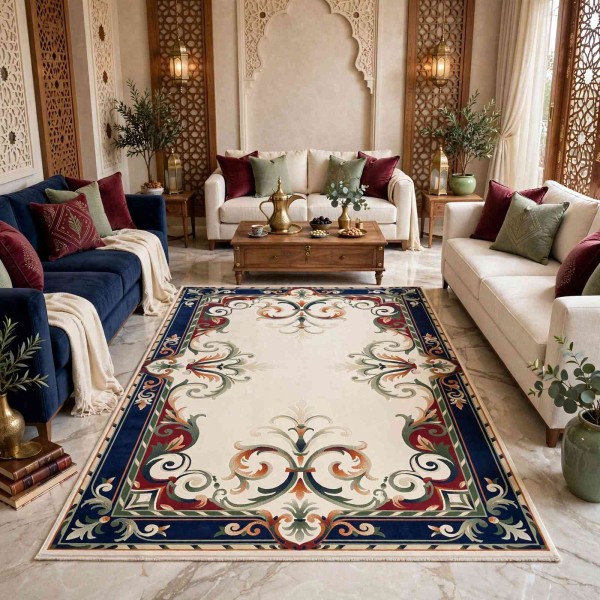 سجاد رمادا تركي نقش كوري 43631A كحلي احمر - مقاس 100*200 سم مشاية ممر