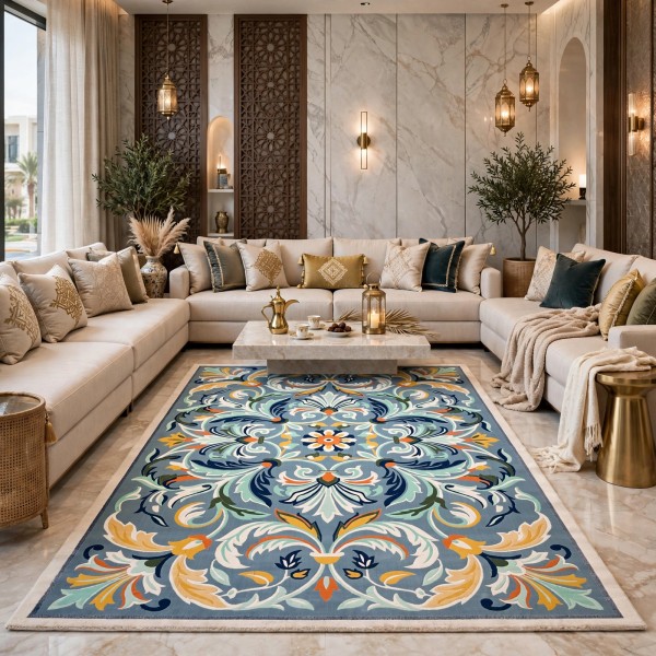 سجاد تركي اوركيد نقش كوري HR36A سماوي كريم مقاس 200*300