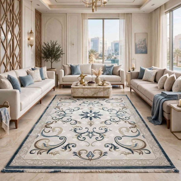 monaco Turkish Rug P1808 IVORYDark sky blue Size 100*300